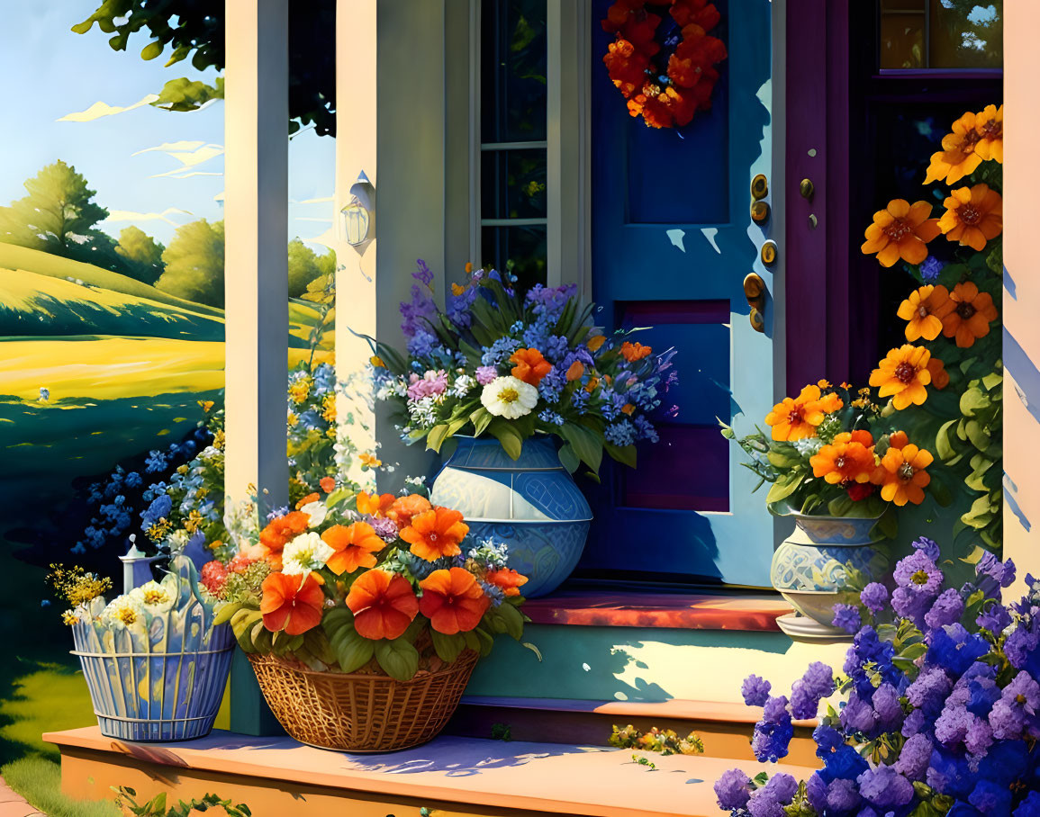 Vibrant flowers, purple door, scenic countryside view on cozy porch