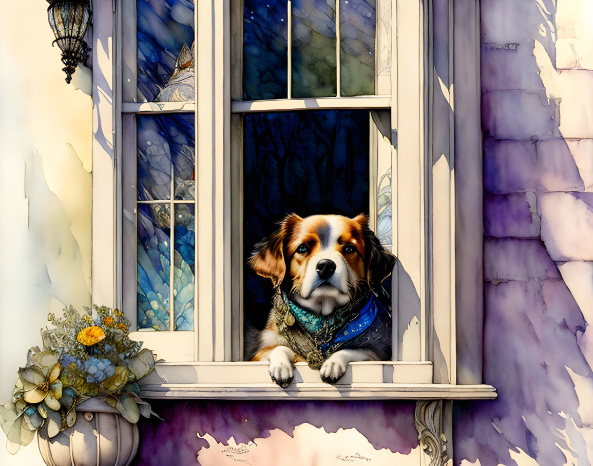 Blue bandana dog gazes from window with drapery and flowerpot against colorful house facade