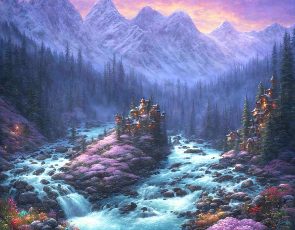 Fantasy landscape: Glowing cottages, blue river, waterfalls, pink flora, misty