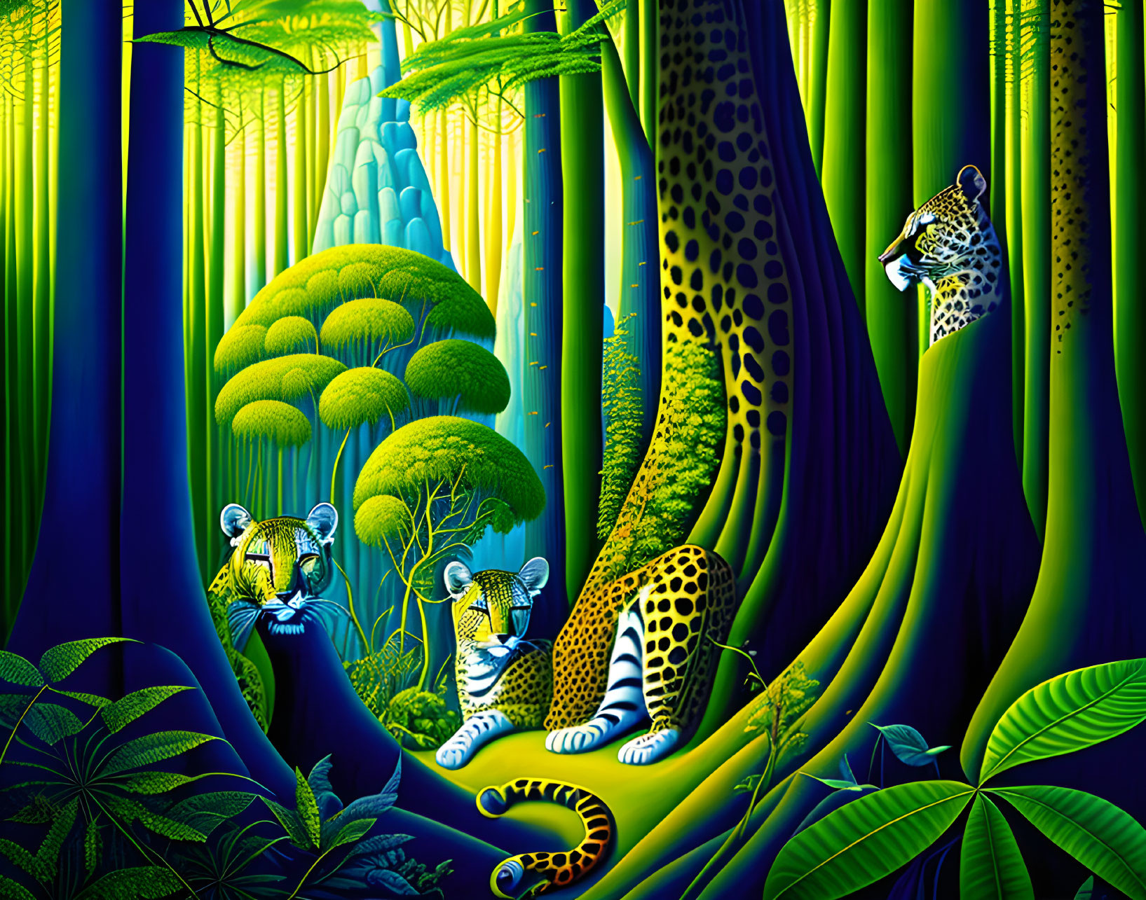 Colorful Jungle Scene with Leopards and Lush Foliage