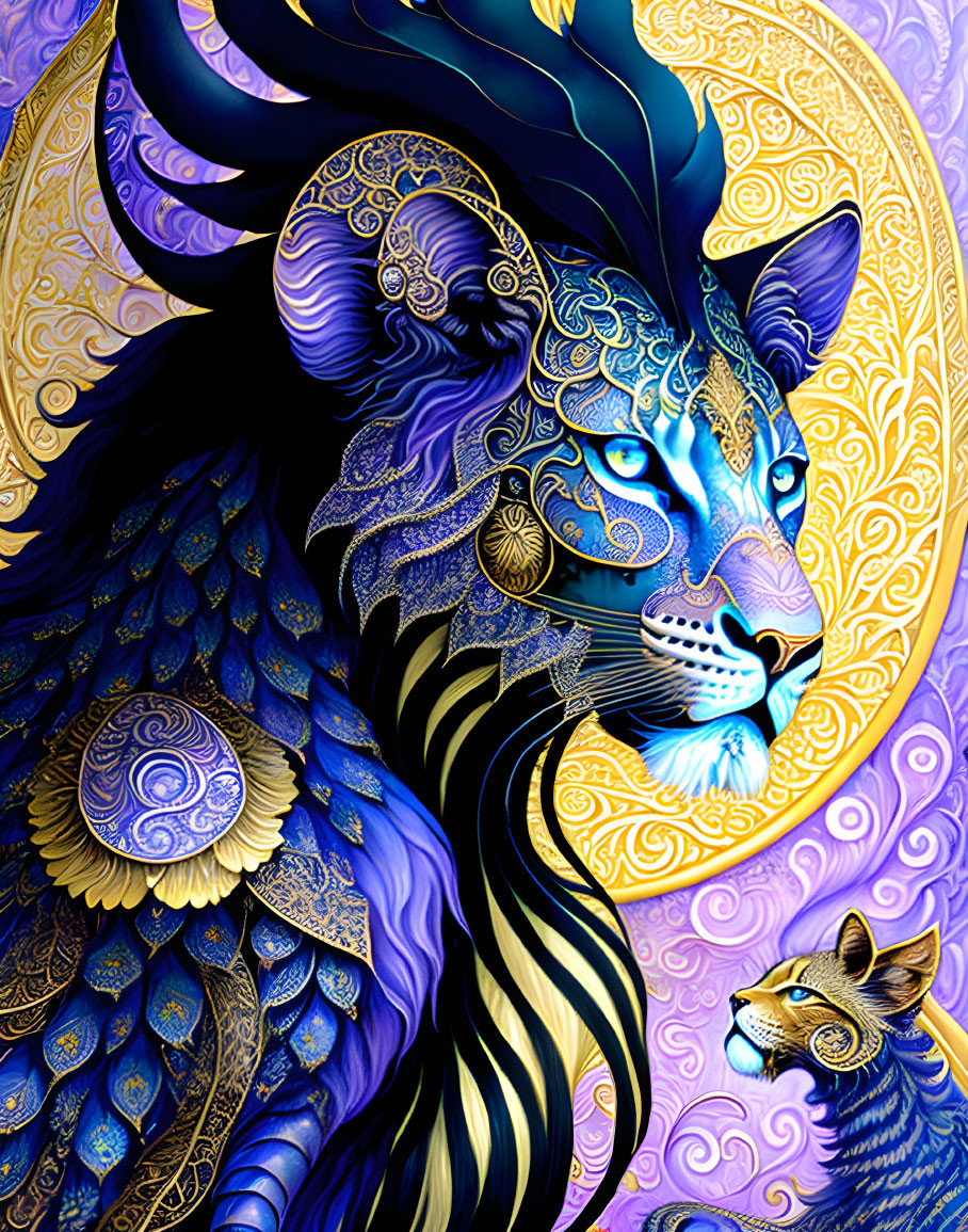 Mystical blue lion with ornate patterns and golden crescent moon