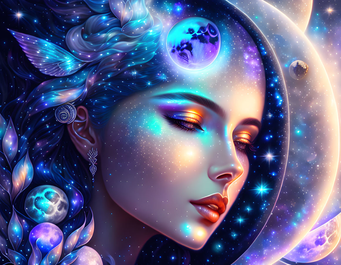 Celestial-themed digital artwork of woman with cosmic elements