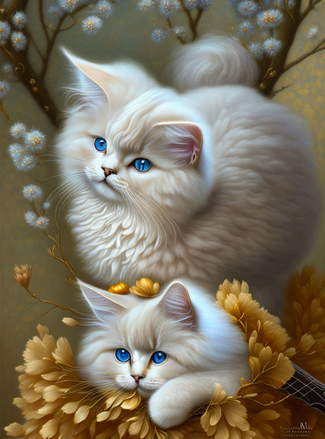 Fluffy white cats with blue eyes in yellow flower setting