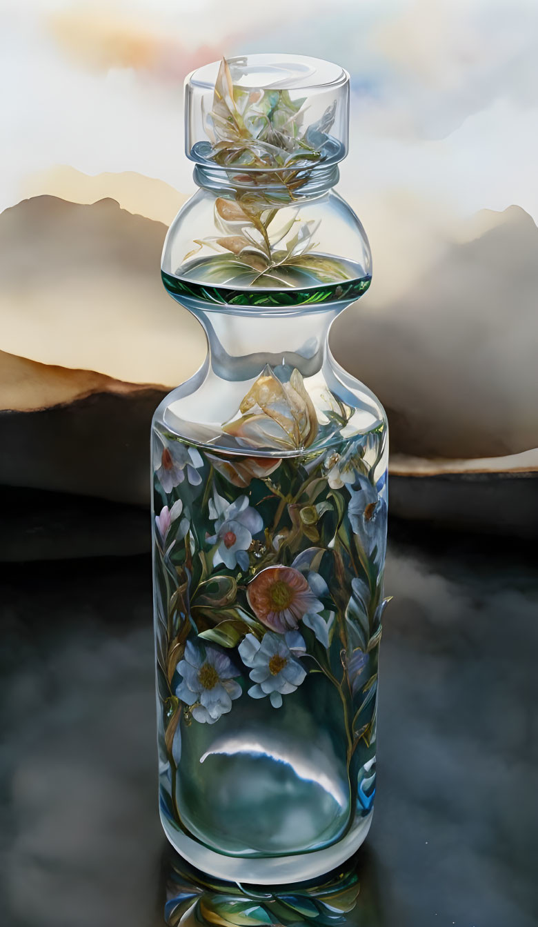 Floral painted glass vase against misty mountain backdrop