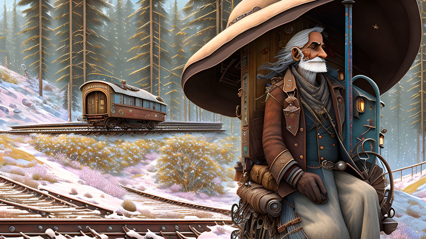 Steampunk-inspired elderly man with goggles by snowy train tracks