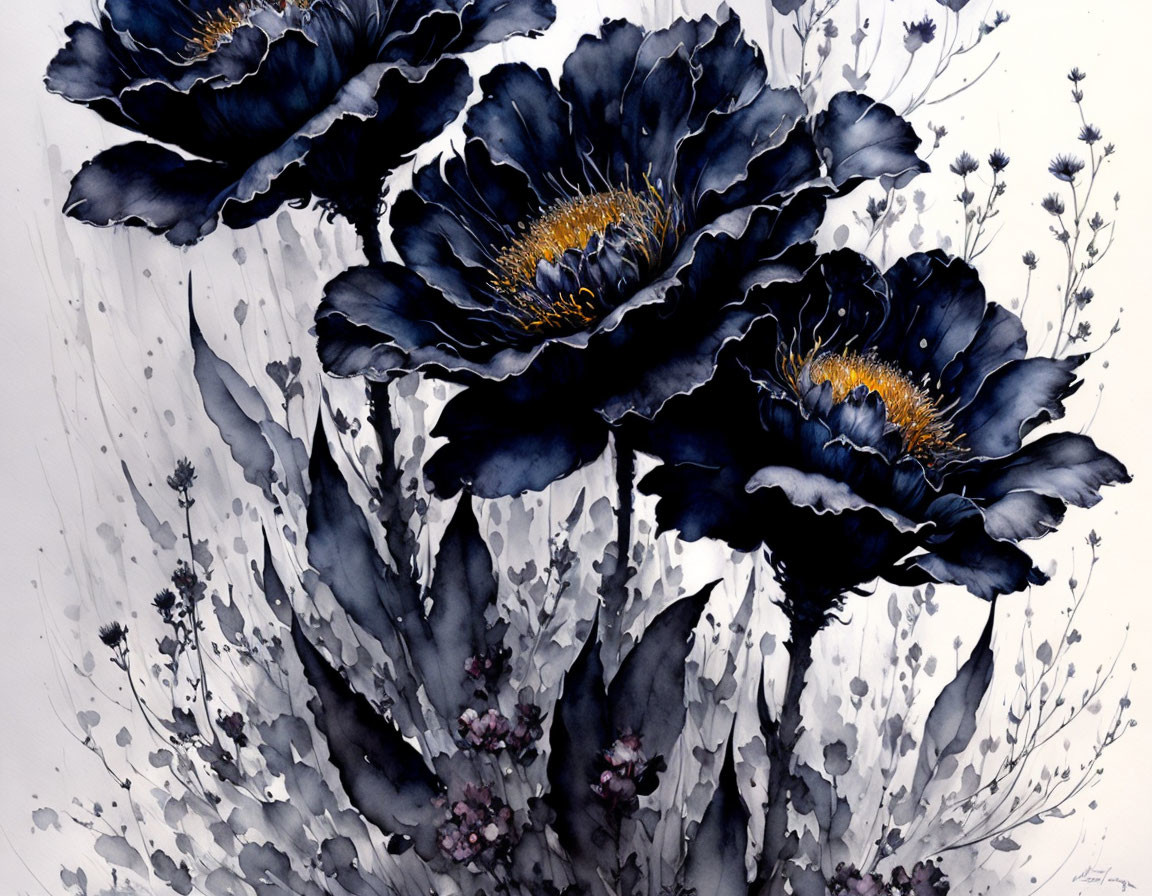 Dark, Moody Floral Painting in Black, Grey, and Gold Tones