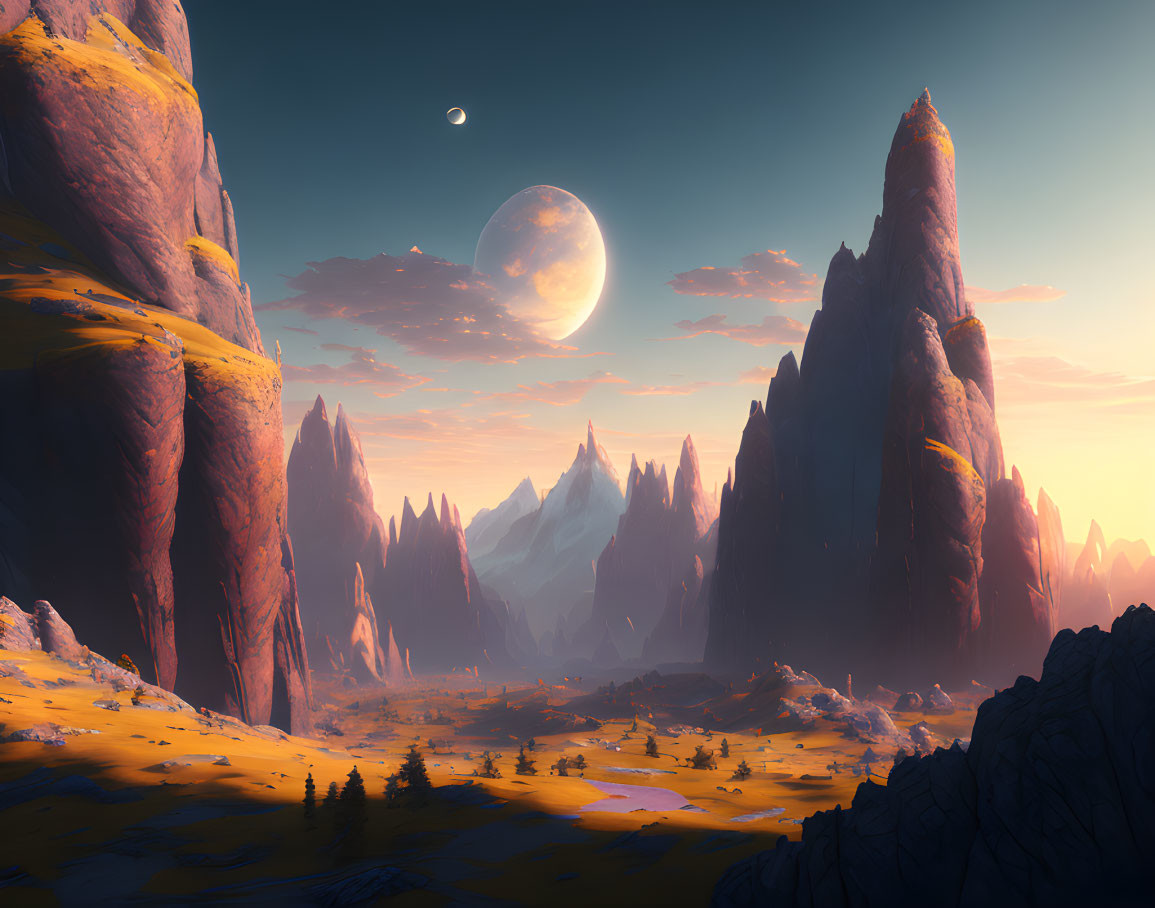 Twilight landscape with towering rock formations, moonlit snowy peaks, and golden valley.