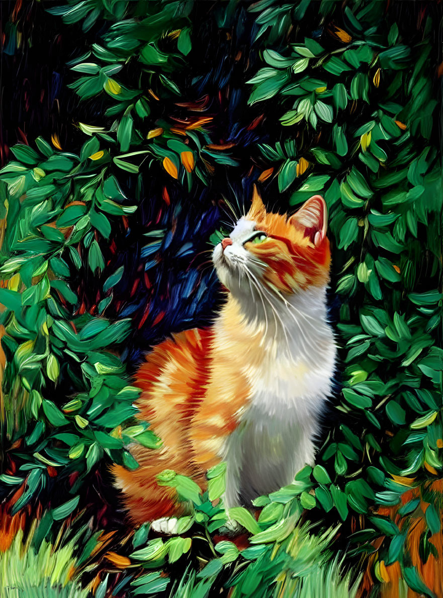 Orange and White Cat in Lush Green Foliage with Contemplative Expression