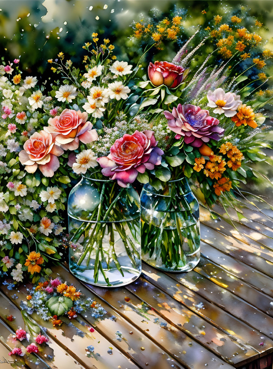 Colorful Floral Arrangement in Glass Vases on Wooden Surface