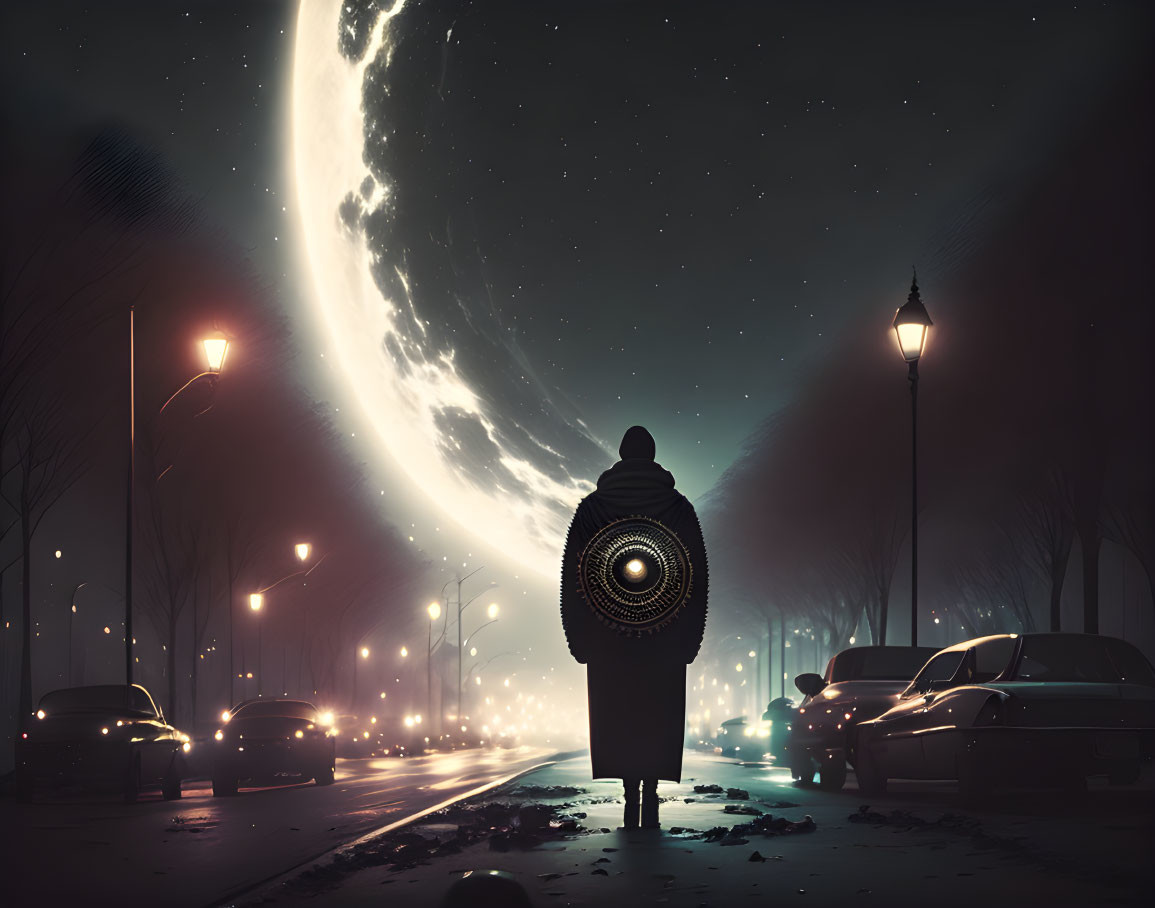 Person standing on night street under giant crescent moon, surrounded by street lamps and parked cars.