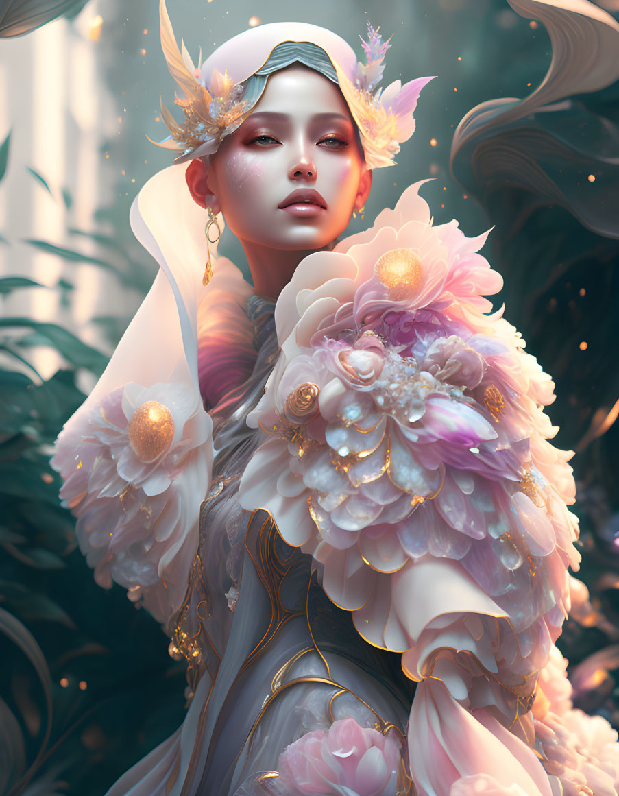 Ethereal figure in floral gown with golden accessories on dreamy backdrop