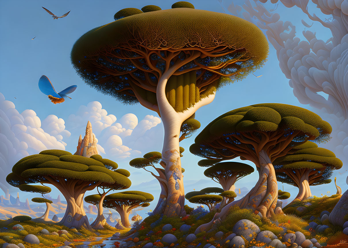 Surreal landscape with oversized mushroom-like trees and colorful birds