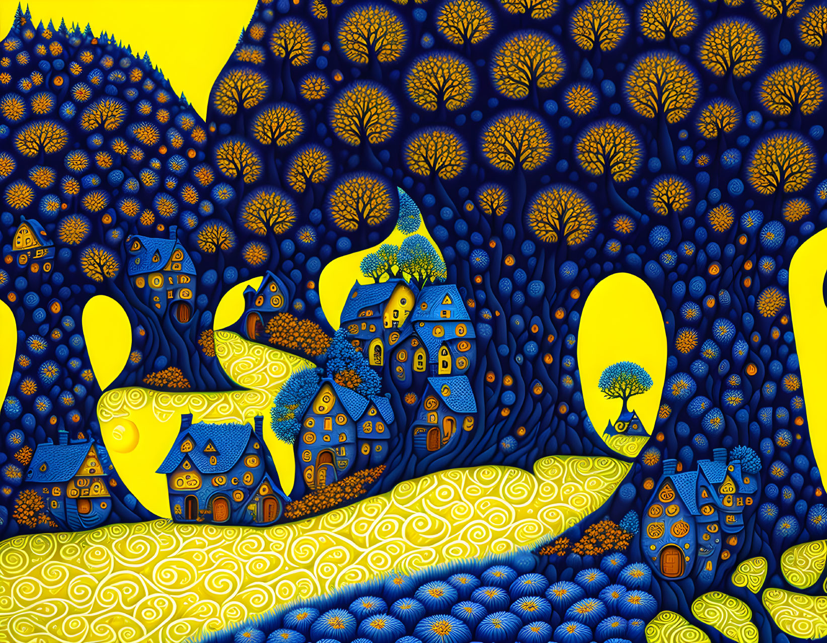 Colorful abstract landscape with whimsical blue houses and trees on mustard-yellow background.