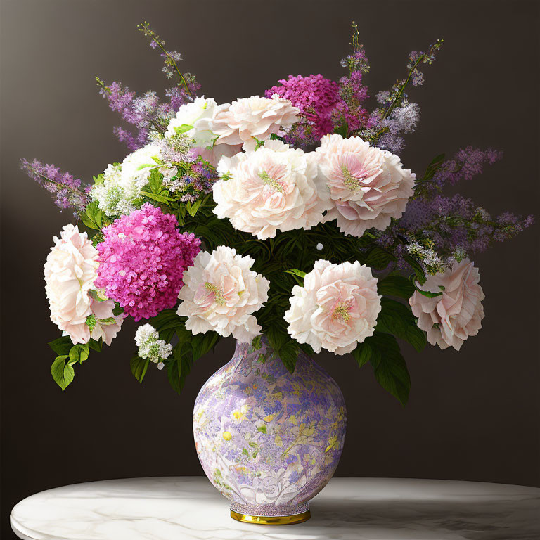 Pink and White Peony and Hydrangea Bouquet in Ornate Vase on Marble Table