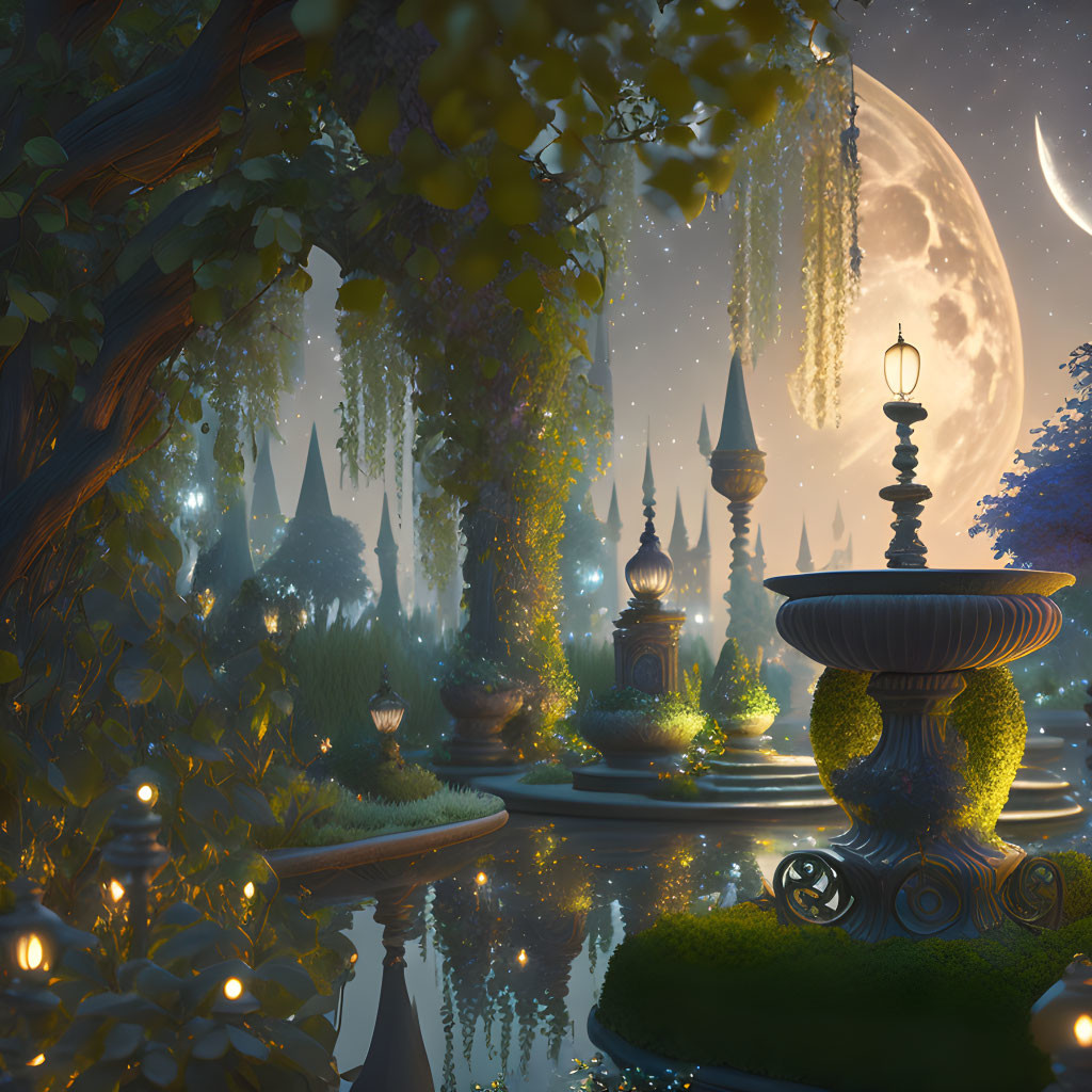 Nighttime garden with moon, lanterns, fountain, and towers in lush foliage