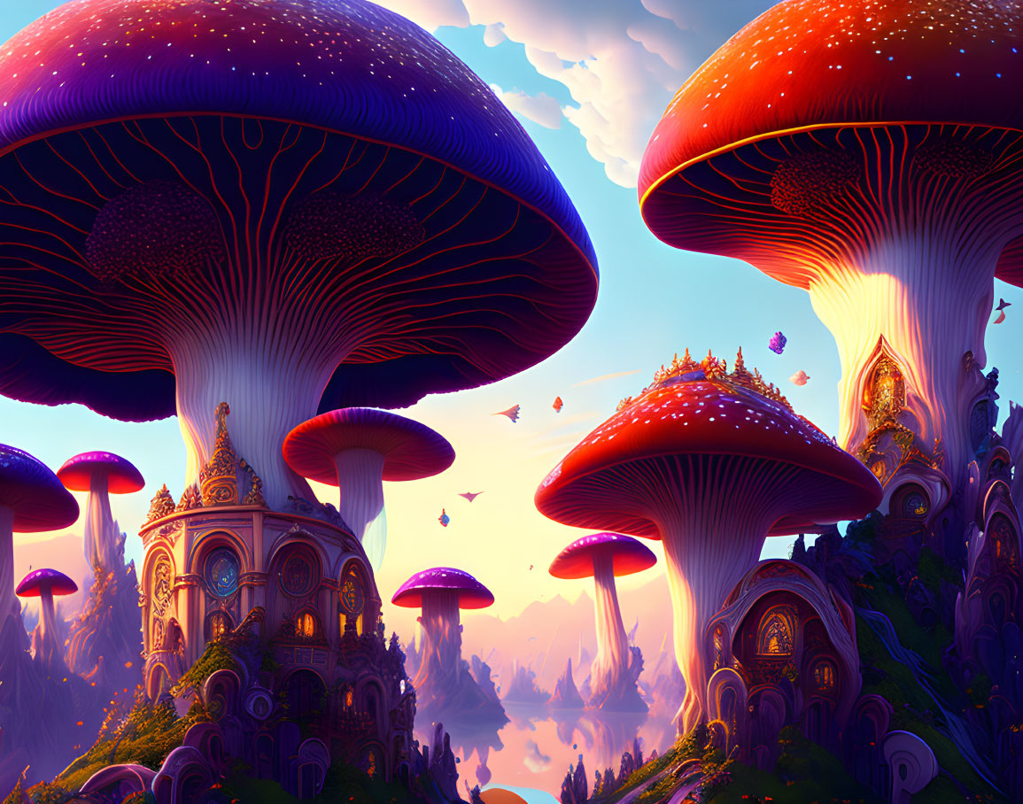 Fantasy landscape with towering mushrooms, castle, floating islands