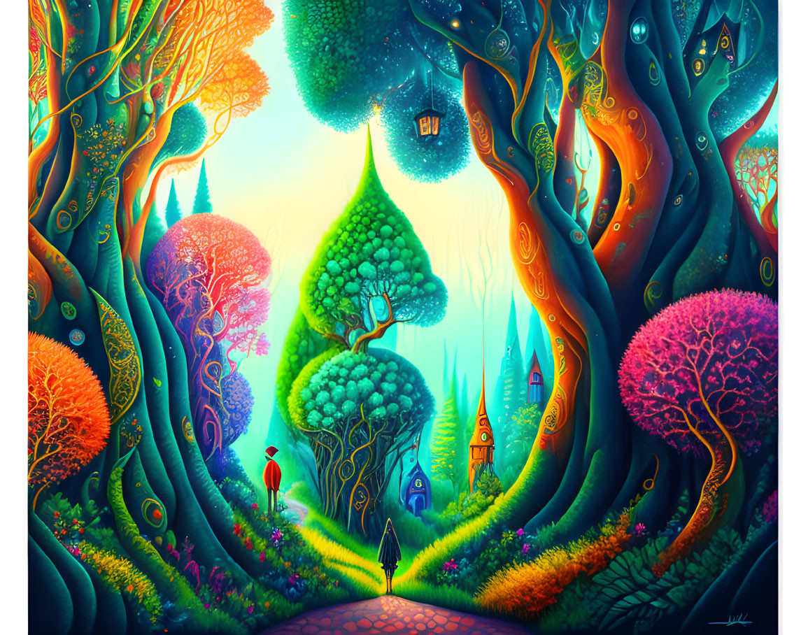 Whimsical forest with colorful trees and red umbrella figure