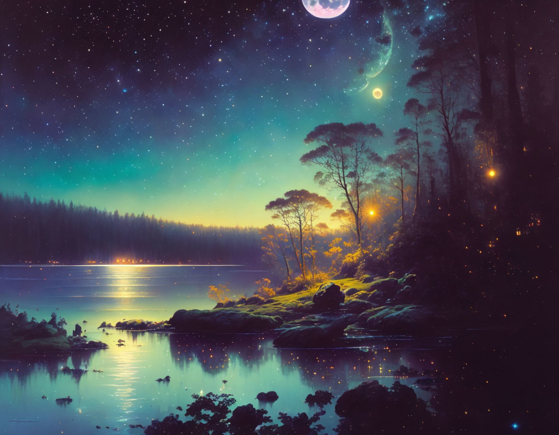 Tranquil Night Forest by Lake with Crescent Moon