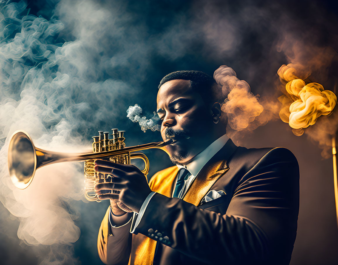 Man in Suit Plays Trumpet Amid Swirling Smoke on Dark Background