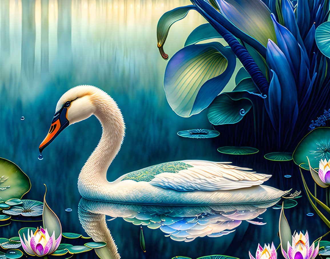 Graceful swan on tranquil blue pond with water lilies and green foliage