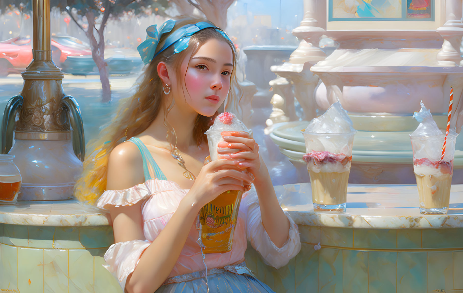 Young woman in blue headscarf with pink drink near marble fountain