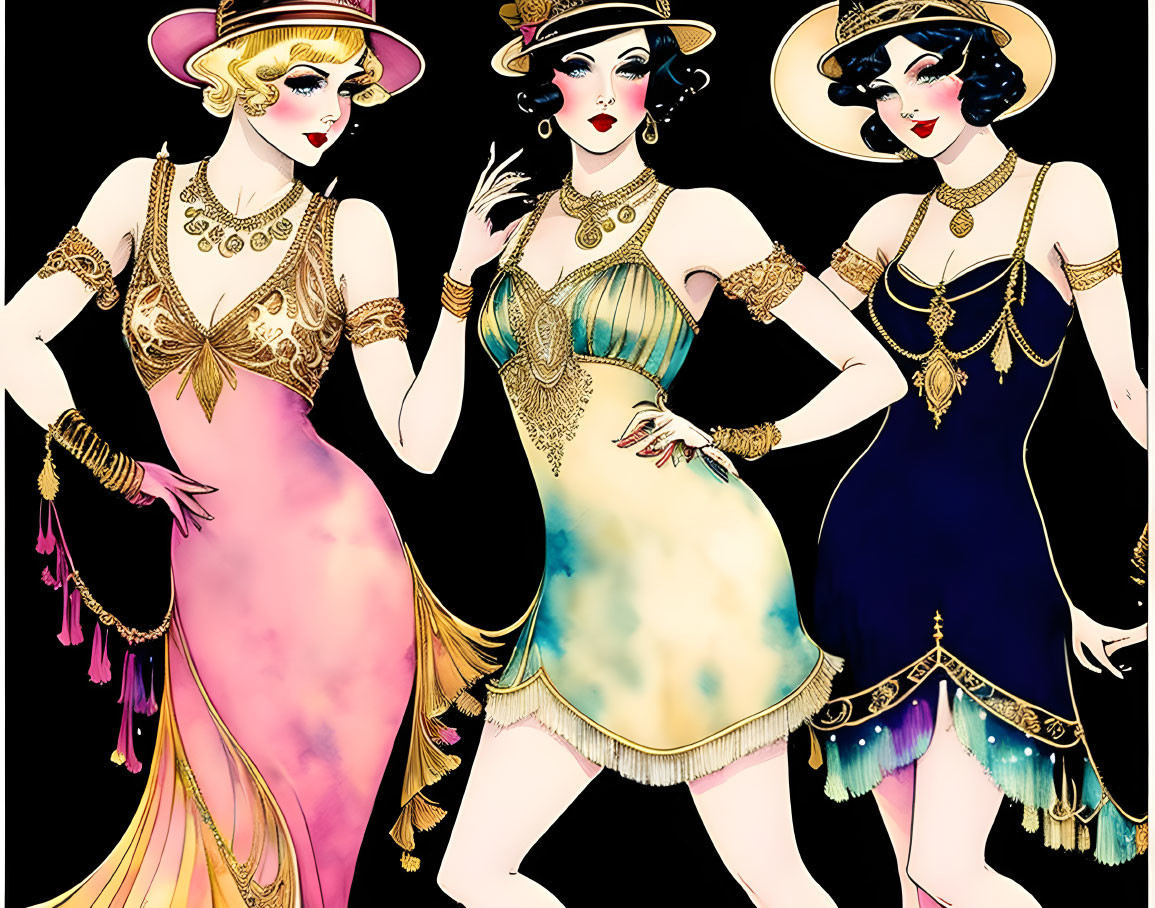 Stylized 1920s flapper women in colorful dresses and hats with gold jewelry striking poses