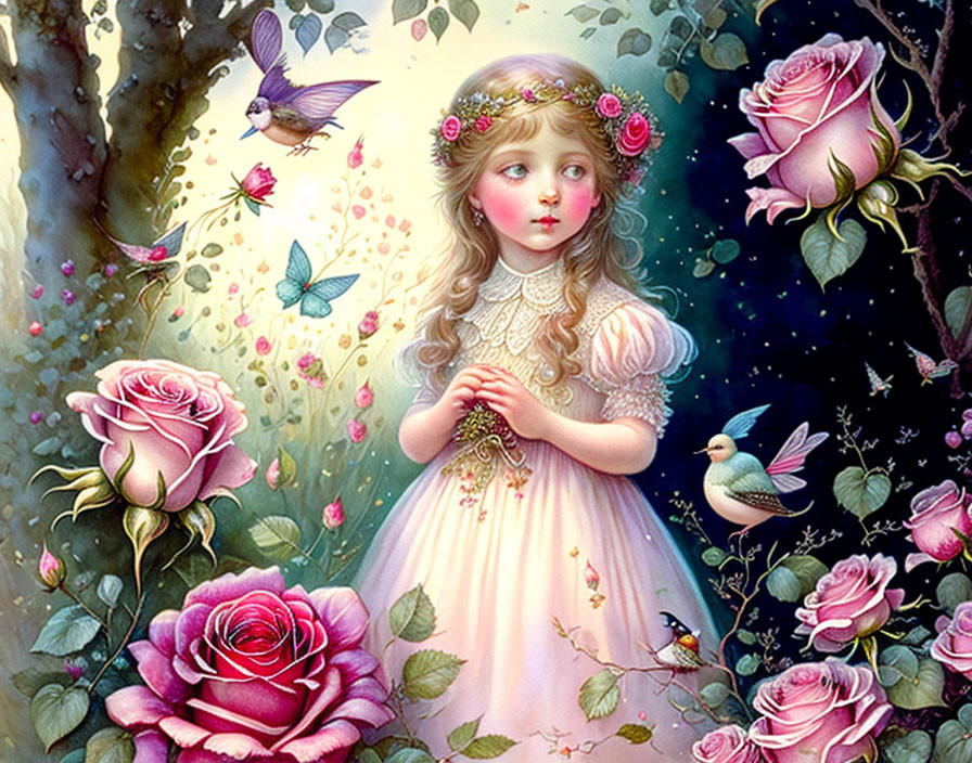 Illustration of young girl in pink dress with roses, birds, and butterflies in enchanted garden