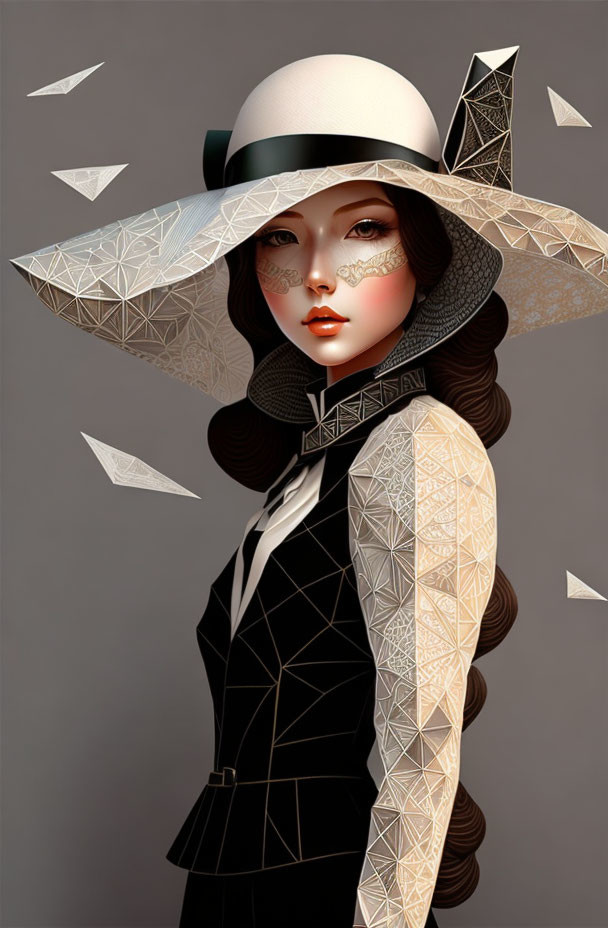 Stylized illustration of woman with porcelain skin in geometric outfit and wide-brimmed hat, surrounded