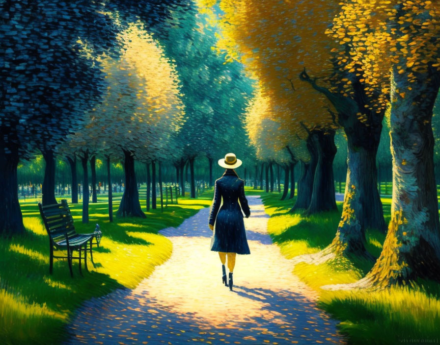 Person in Hat and Coat Walking Along Sunlit Path with Tree Shadows