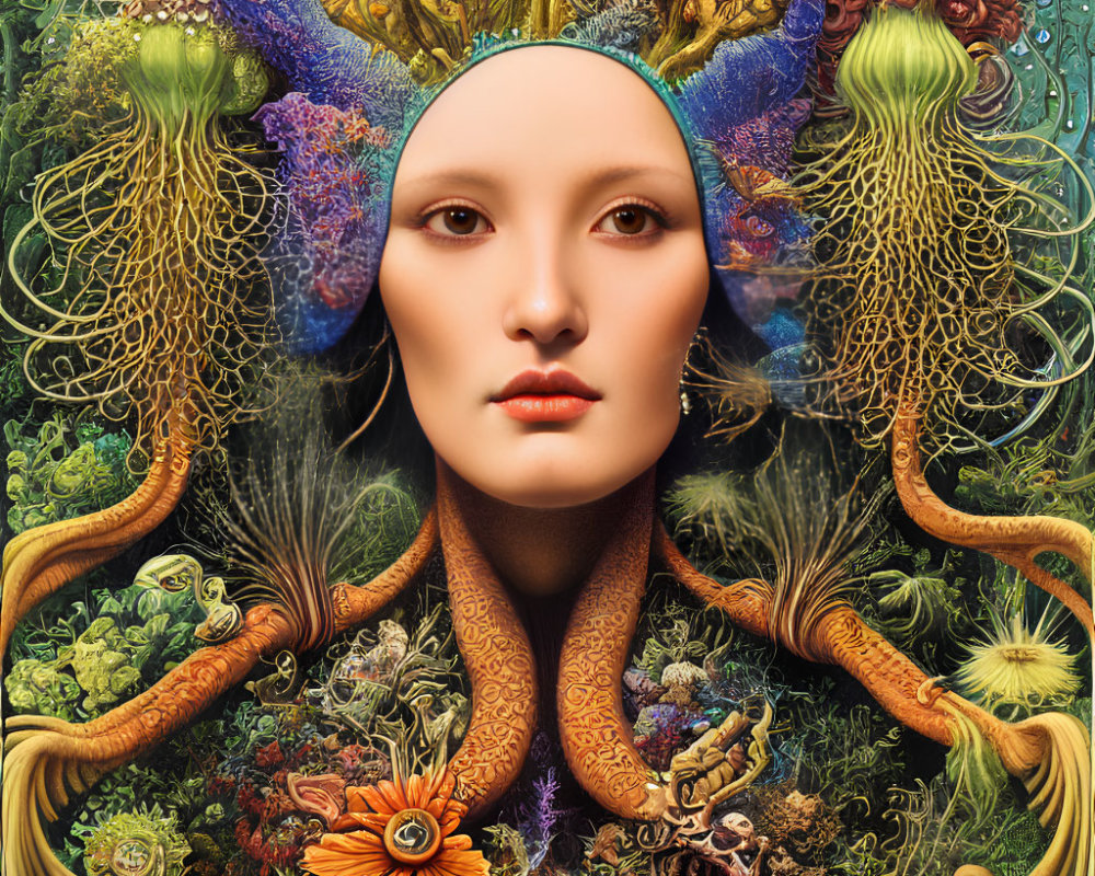 Colorful Flora and Fauna Motifs in Surreal Woman's Portrait