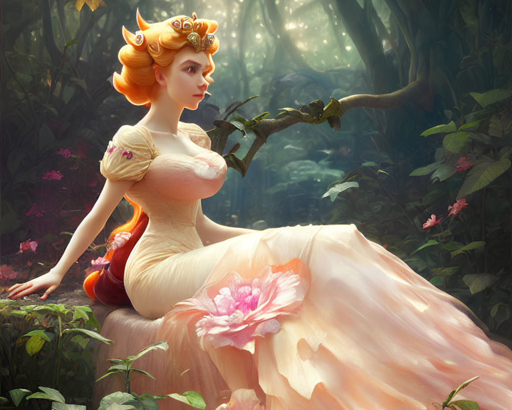 Illustrated woman in elegant attire in sunlit forest with fantasy elements