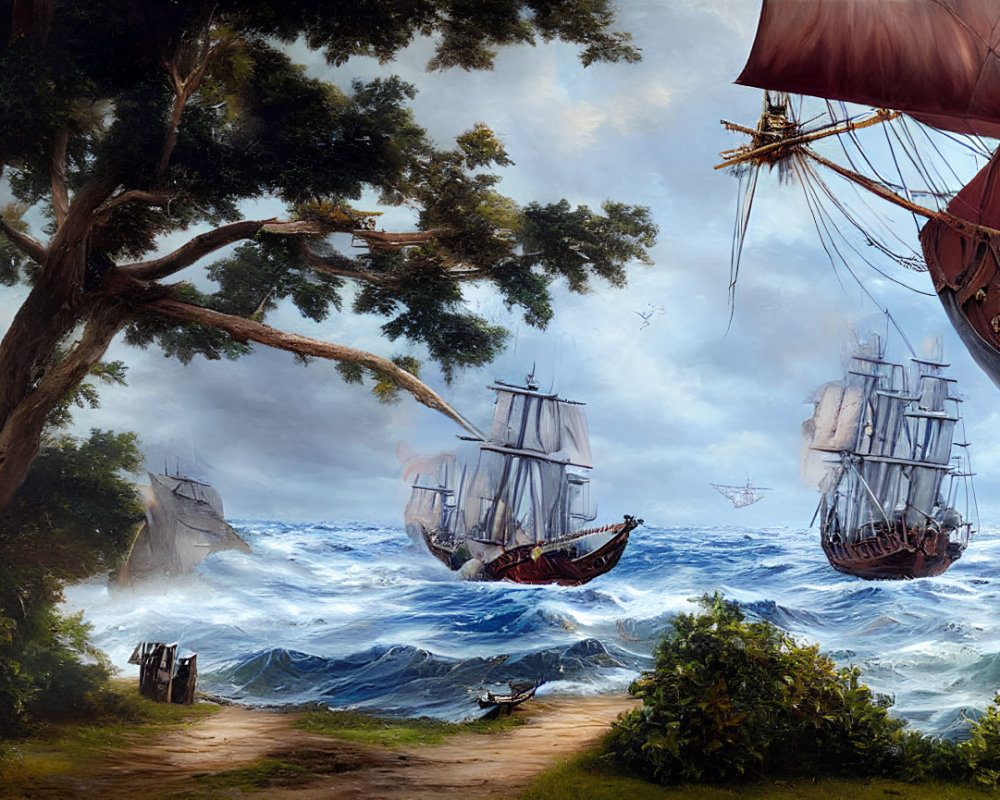 Stormy sea battle scene with tall ships and tattered sails, contrasted by serene shorefront.