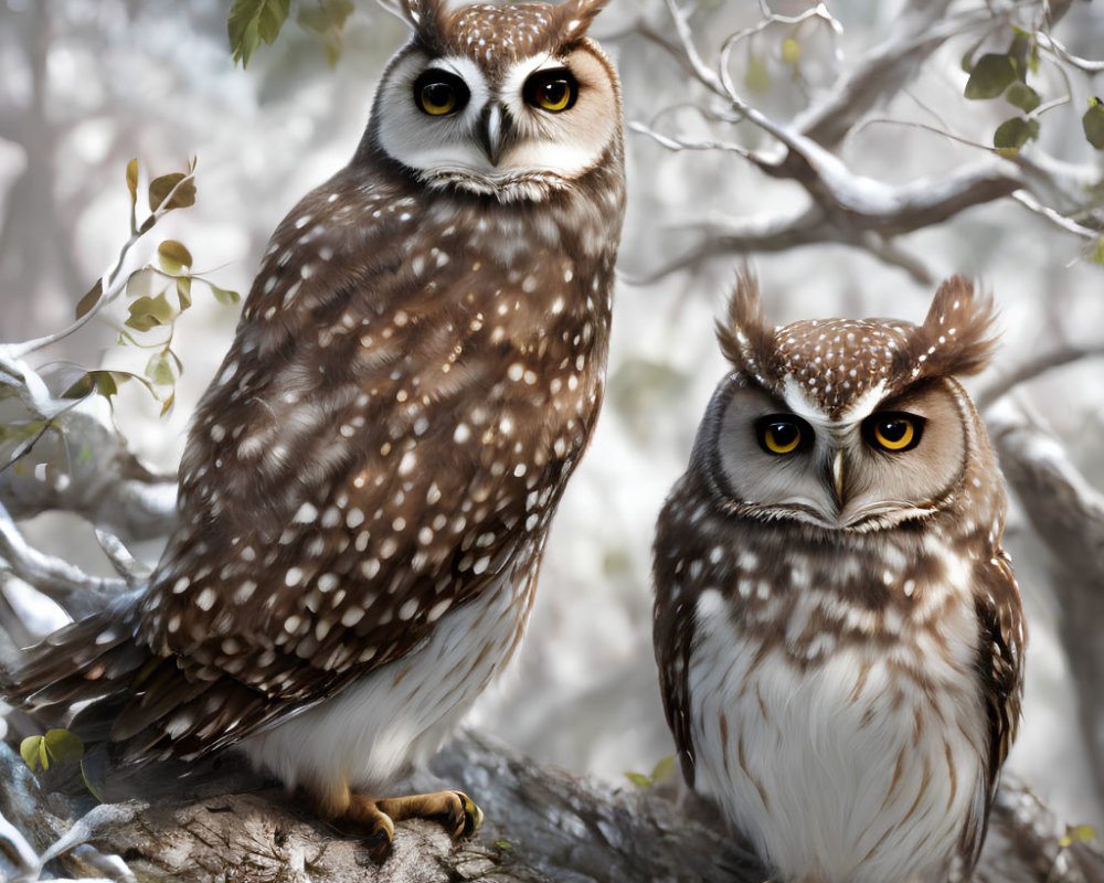 Spotted owls perched on branch in leafy foliage