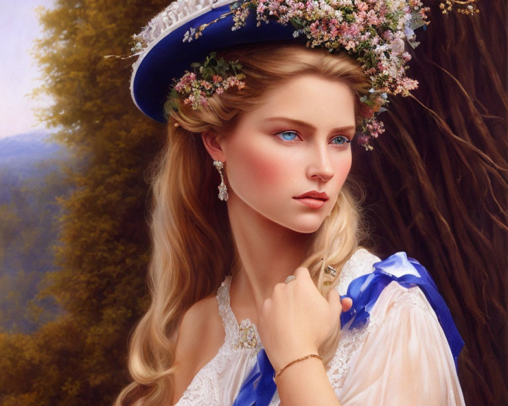 Woman portrait with floral hat, blue ribbon, and long blonde hair in natural setting