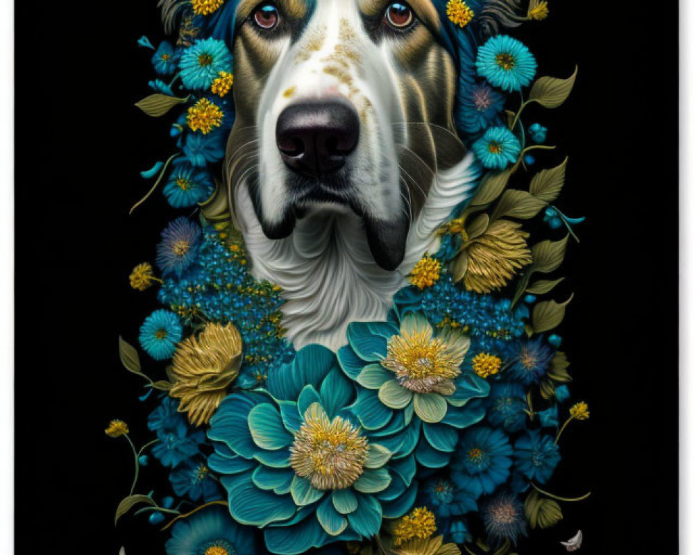 Vibrant dog portrait with blue and yellow floral patterns on black background