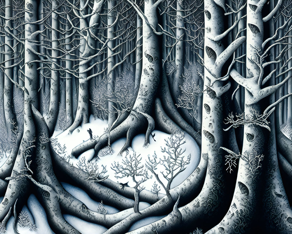 Monochromatic snowy forest with intricate tree roots and branches