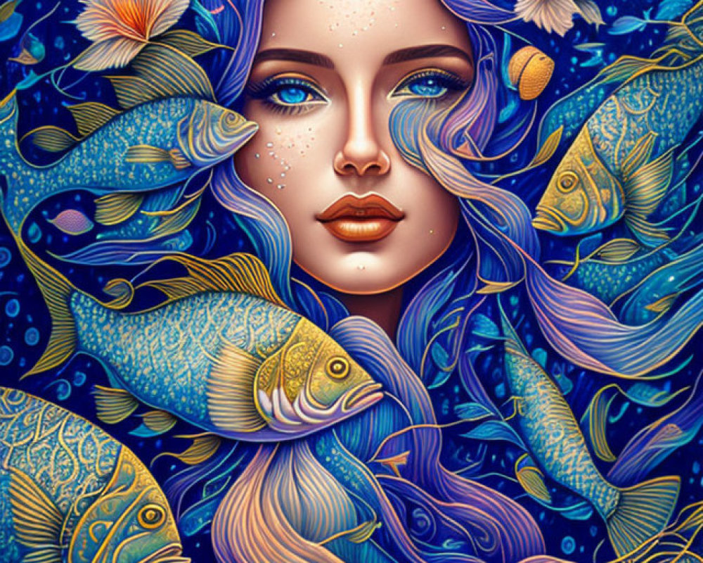 Vibrant illustration of woman with blue hair and fish in cosmic aquatic setting