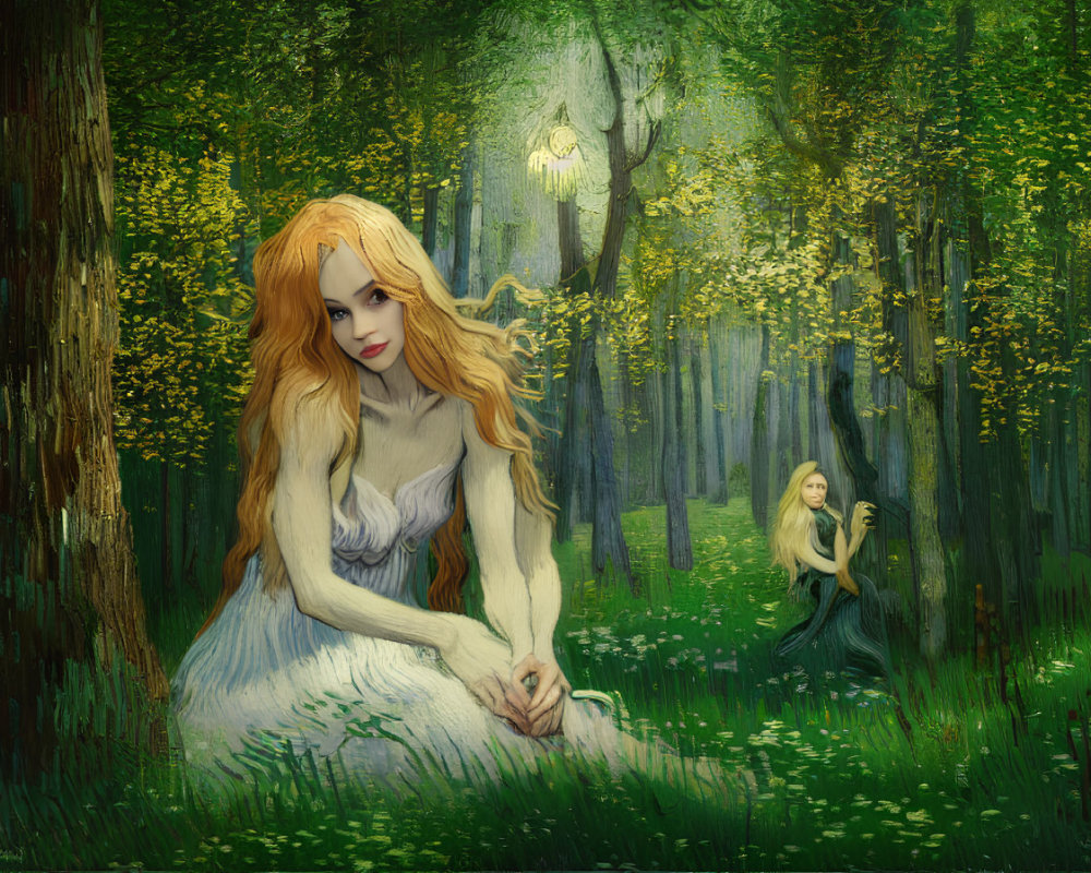 Surreal forest digital artwork with two ethereal women surrounded by vibrant greenery