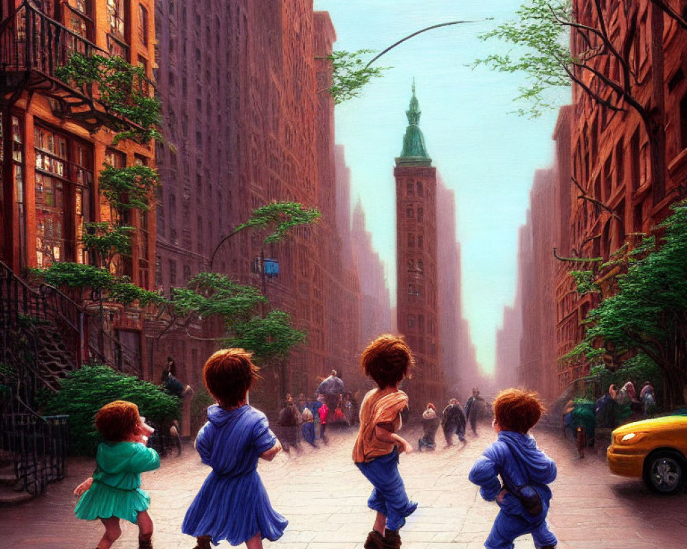 Urban street scene with four children crossing, tall buildings, and hazy city backdrop