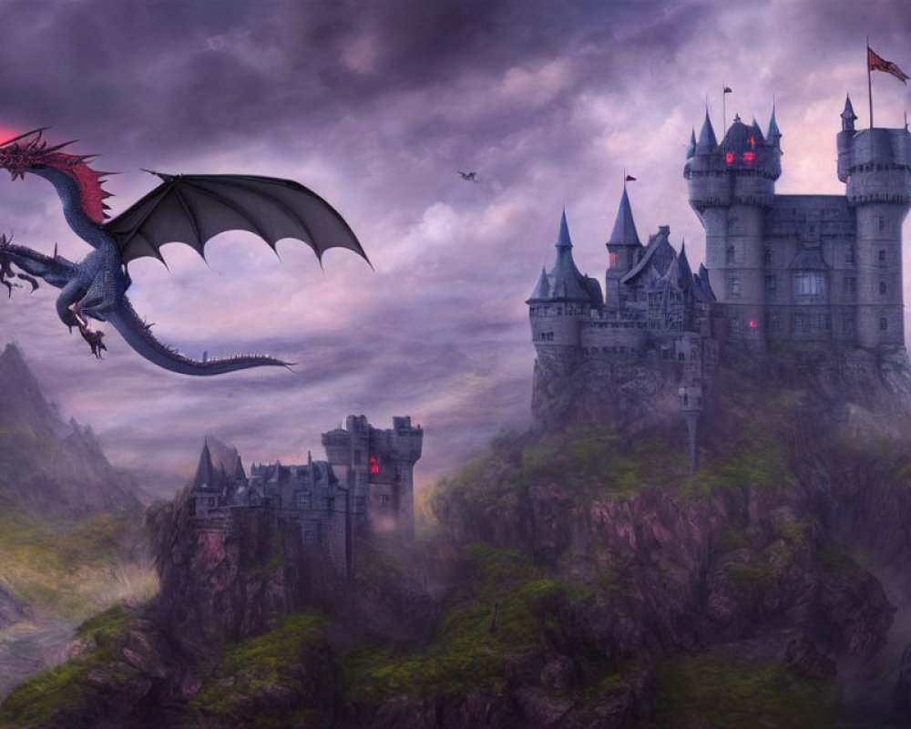 Majestic dragon flying over misty castle landscape