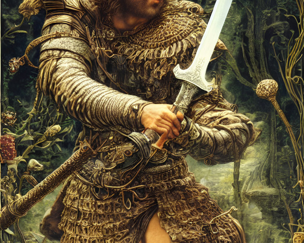 Regal figure in ornate armor holding sword in mystical forest