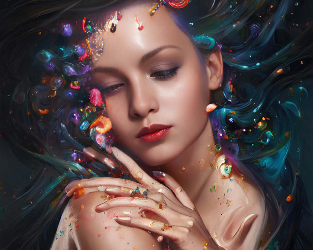 Woman with closed eyes surrounded by vibrant swirling colors and paint splashes