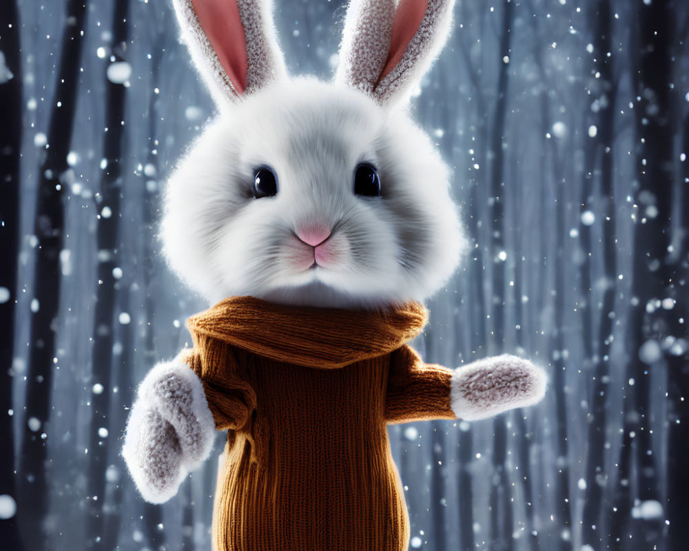 Large-eared animated rabbit in brown sweater in snowy scene