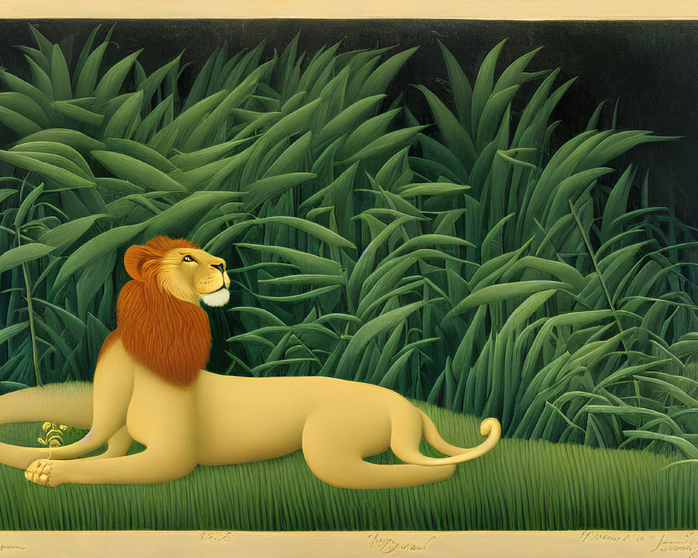 Serene lion and frog in lush green field painting with flat perspective