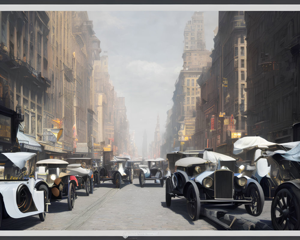 Vintage cars and tall buildings on early 20th-century city street