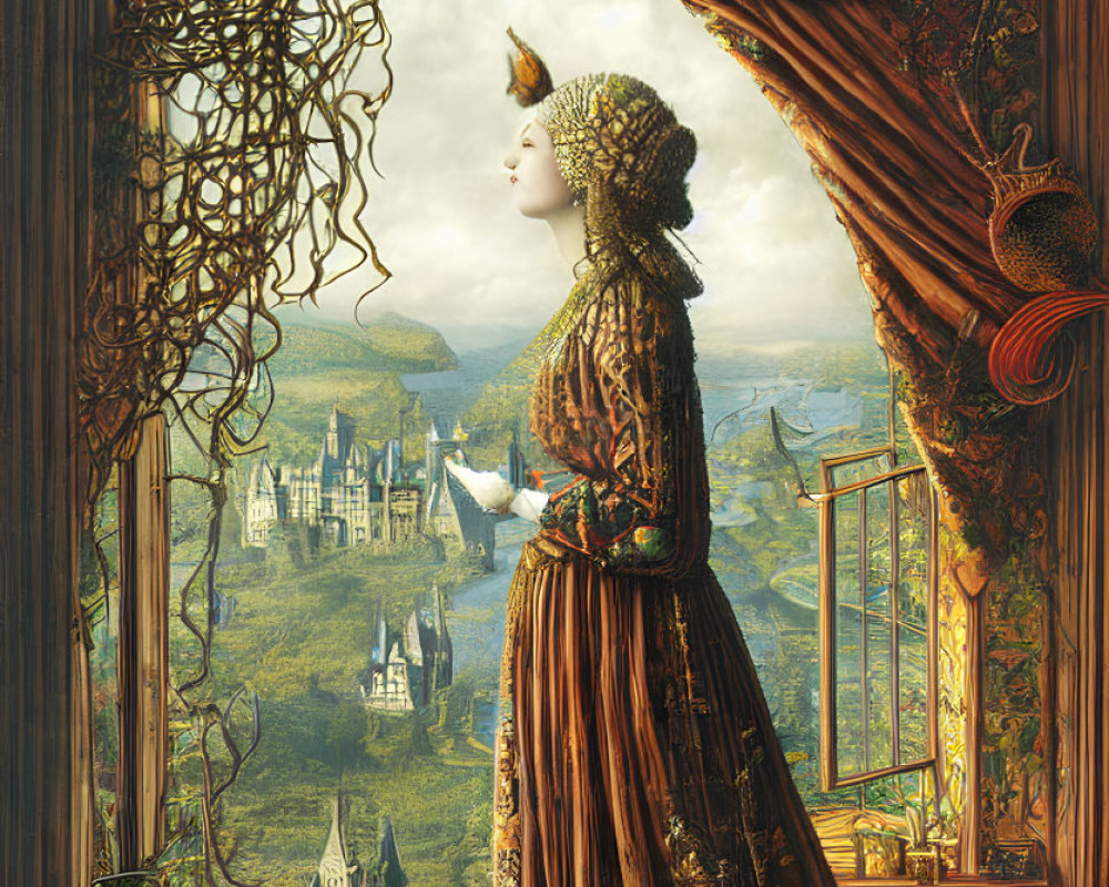 Woman in ornate dress gazes at castle through window in lush landscape