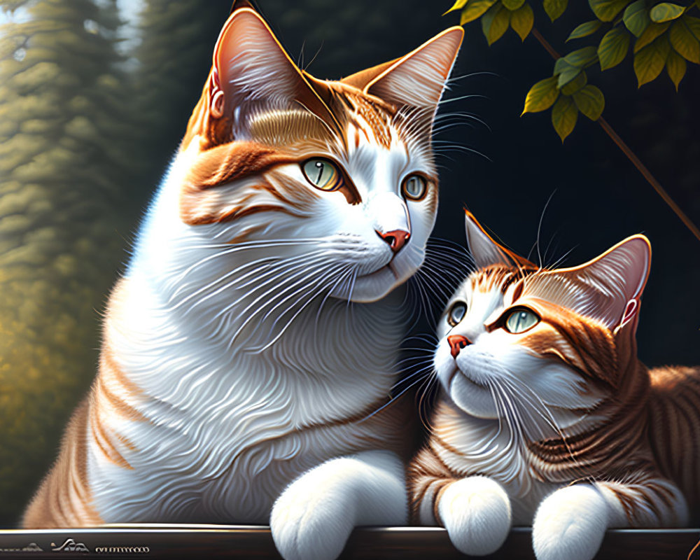 Two Orange and White Tabby Cats with Green Eyes in Dark Green Forest