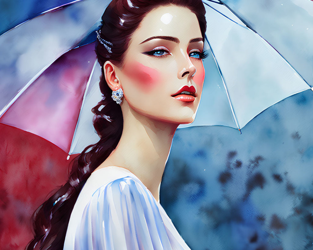 Woman with Elegant Hair and Lace Umbrella on Vibrant Background