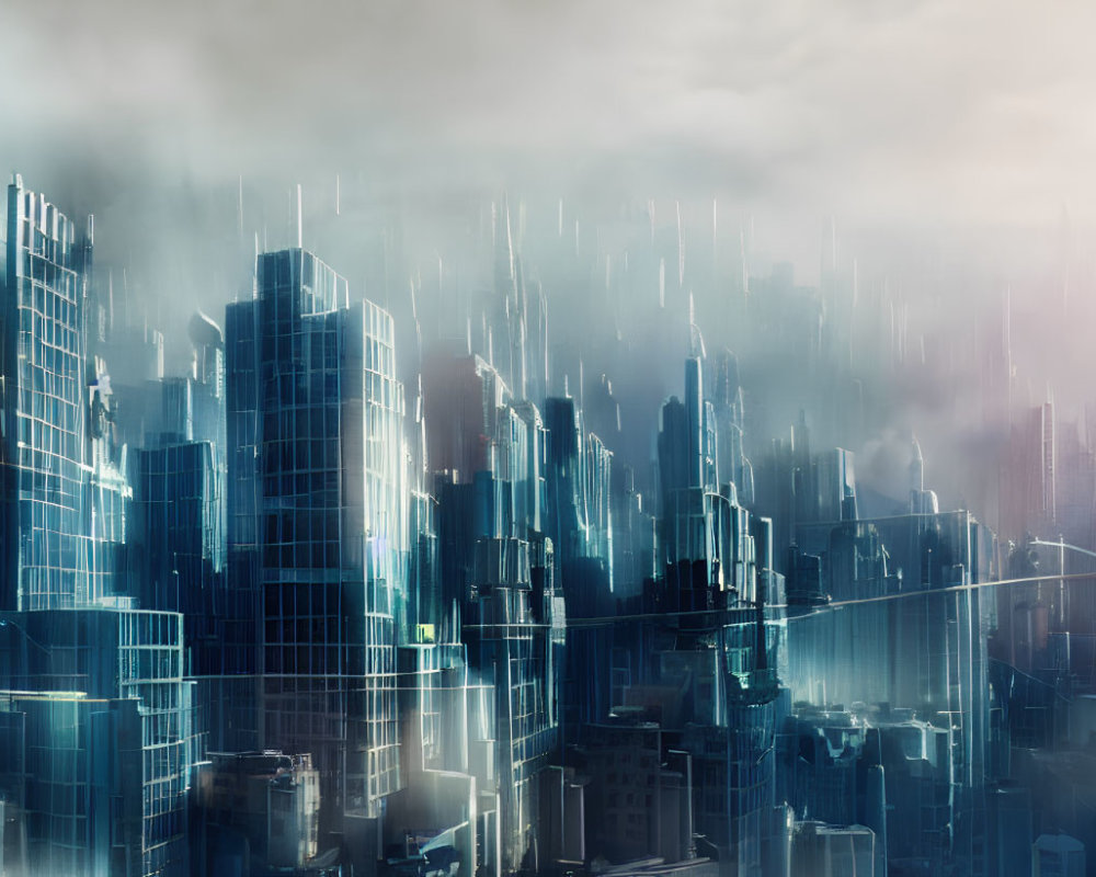 Futuristic cityscape with misty skyscrapers and soft glowing lights