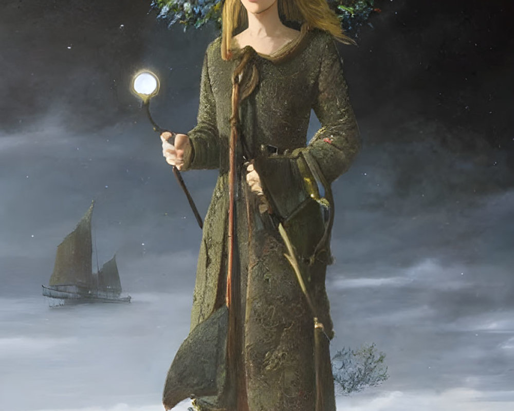 Woman with floral wreath in snow holding glowing staff, ship in background